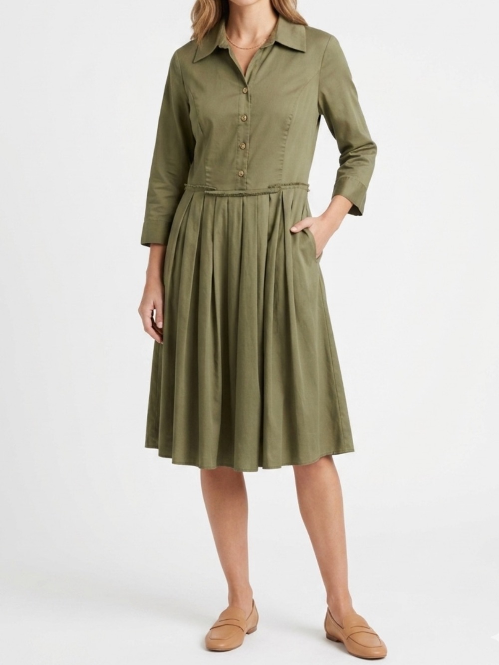 Ellen Tracy 100% Cotton Green Olive  Dress with Pleated Midi Skirt Gold Button